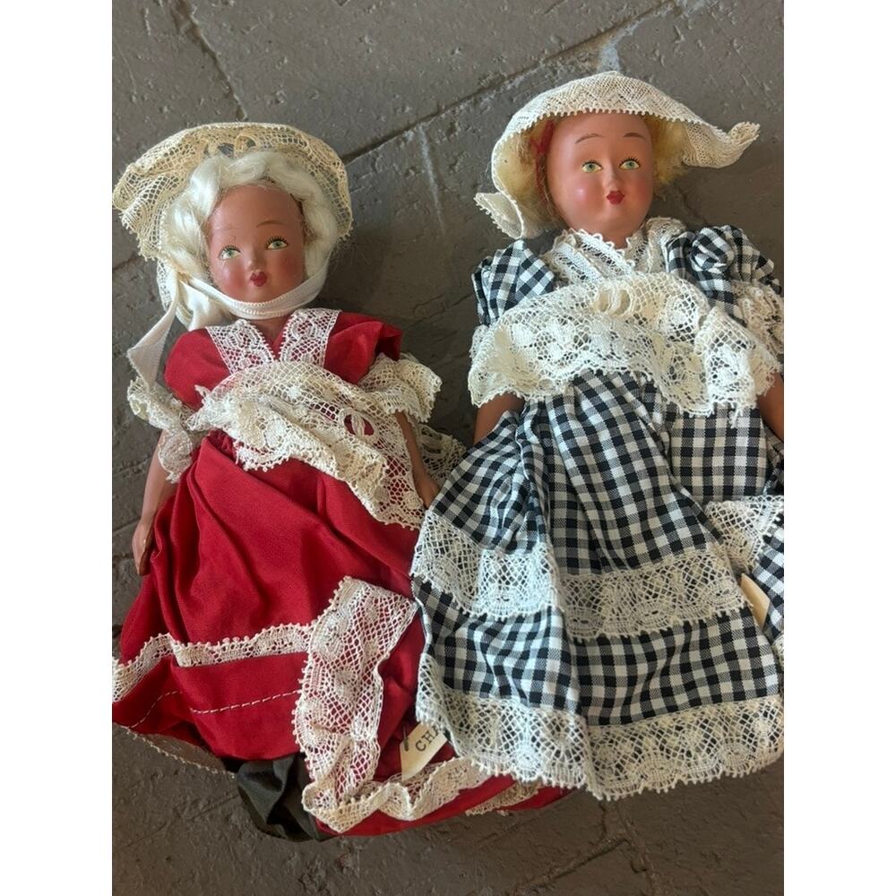 2 Vintage Belgian Souvenir Dolls Charleroi Louvain Lace Costume Original Tags